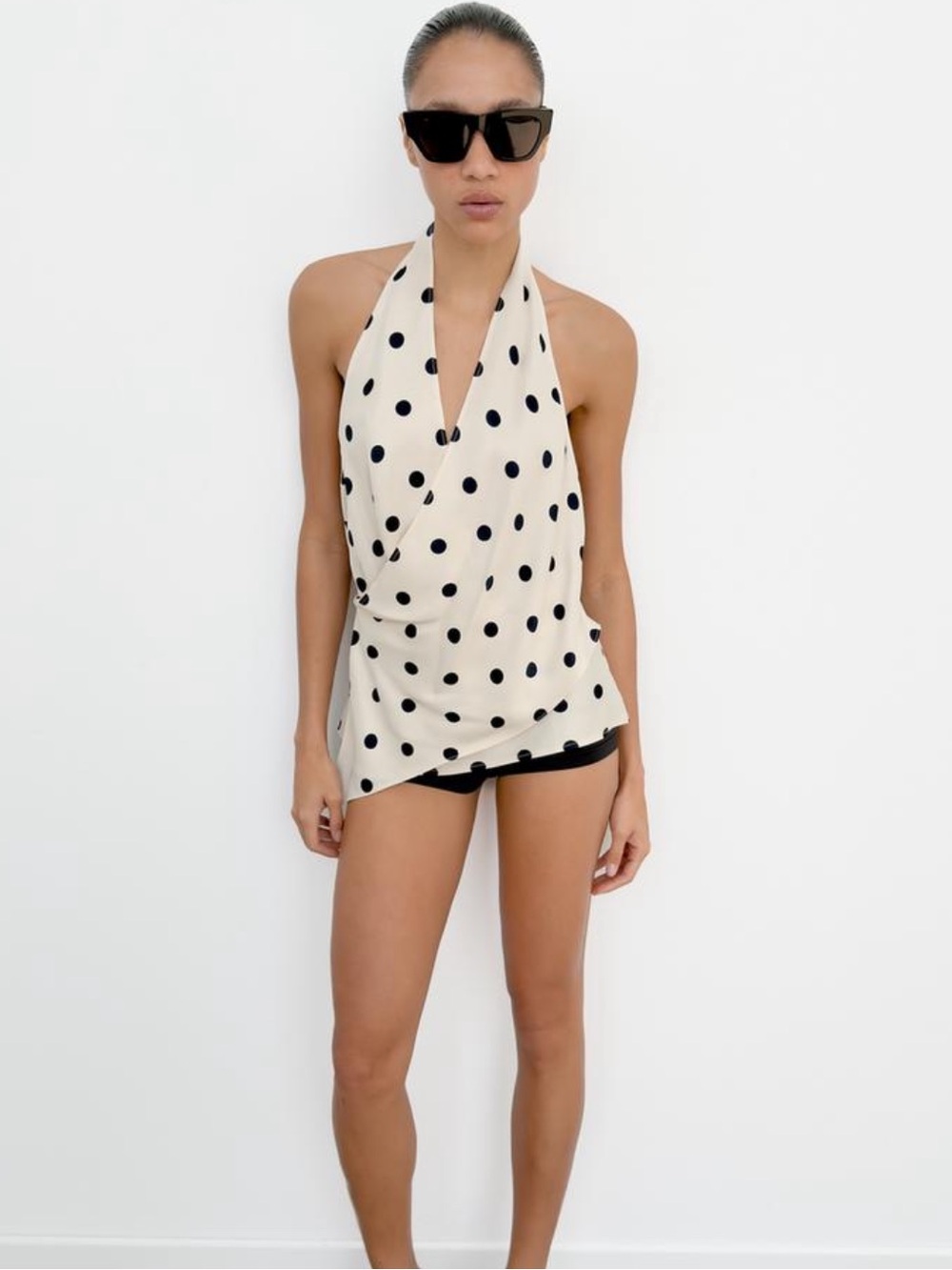 Zara Cream Halter Satin Chemise with Black Polka Dots
